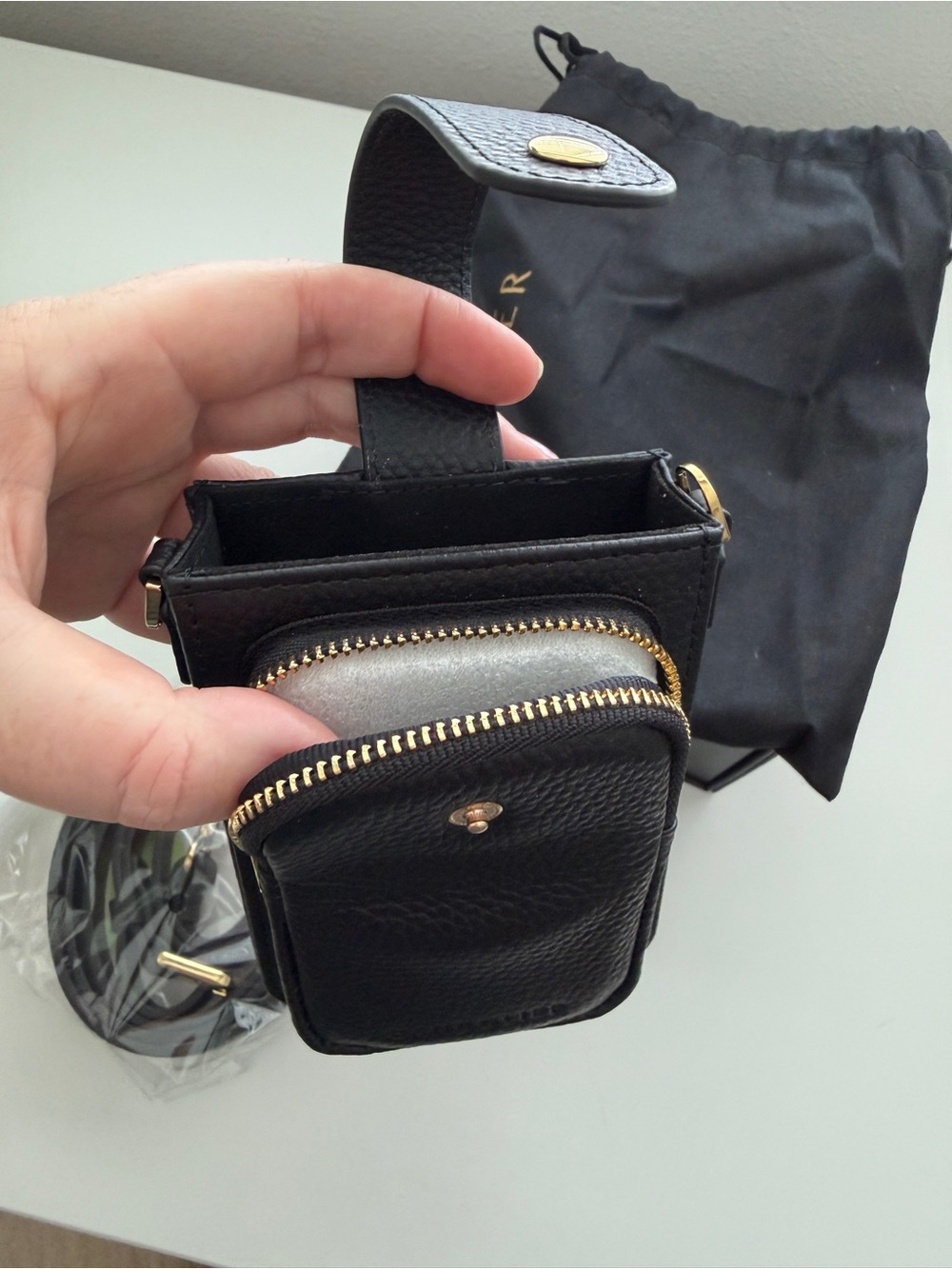 Bandolier Black Pebbled Leather Crossbody Phone Pouch with Gold Accents - Picture 7 of 9